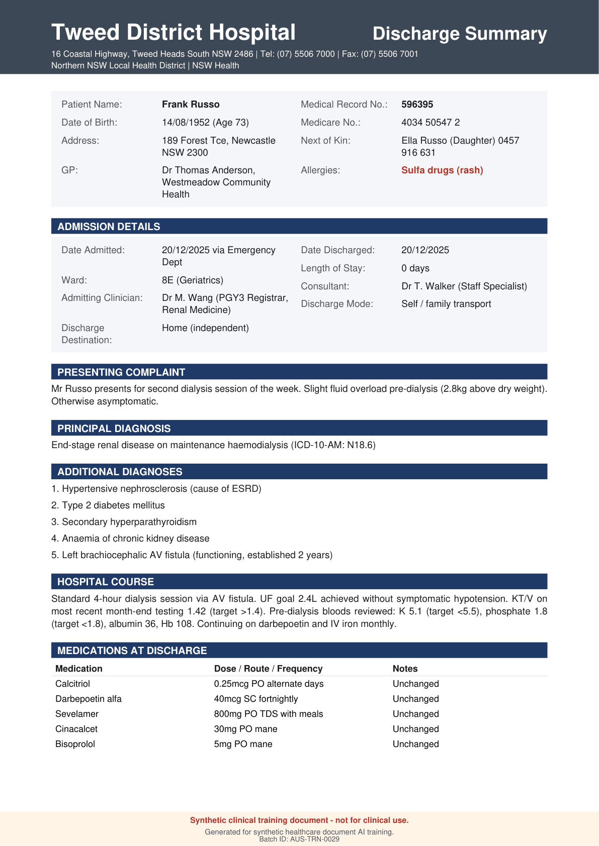 Clean synthetic discharge summary from a fictional NSW hospital. Patient demographics with AU name and NSW address, Medicare number in the displayed AU format, ward, consultant, principal diagnosis, additional diagnoses list, hospital course narrative, and medications table. Visible synthetic disclaimer at the bottom.