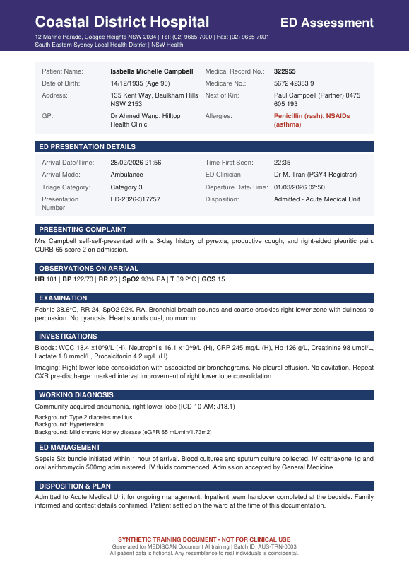 Synthetic emergency department assessment specimen