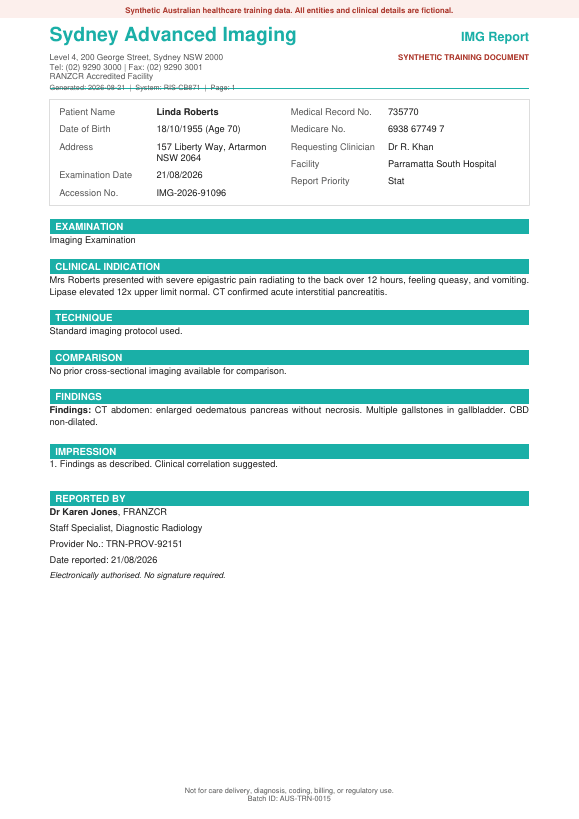 Synthetic imaging report specimen