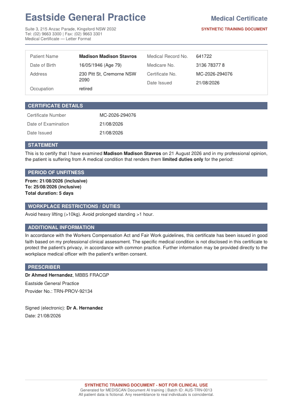 Synthetic medical certificate specimen
