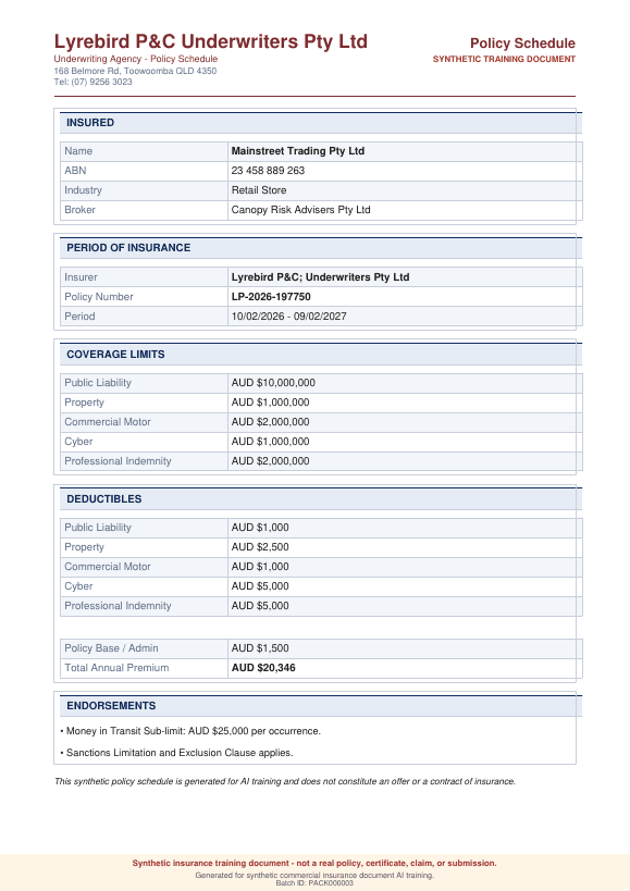Synthetic insurance policy schedule specimen