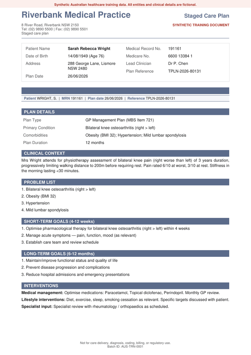 Synthetic staged care plan specimen